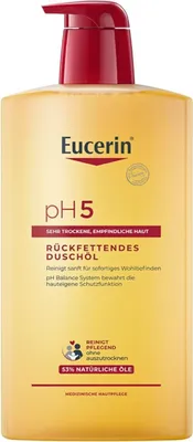 A bottle of Eucerin pH5 shower oil with a pump dispenser.
