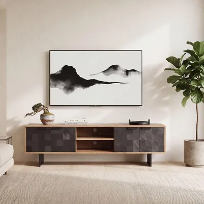 Image de FineBuy Lowboard acacia massif 150 cm TV Board avec façades aspect pierre & structure métallique Table TV moderne avec espace de rangement & passage de câbles TV