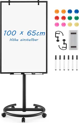 Produktbild von Stojan na flipchart COSTWAY, 100x65 cm, mobilní tabule na kolečkách, nastavitelná výška až do 192 cm, suché stírání, magnetická, flipchart s kulatým stojanem, magnety, fixy a gumou