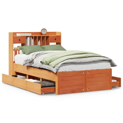 Produktbild von vidaXL Massivholzbett mit Regal ohne Matratze Wachsbraun 135x190 cm