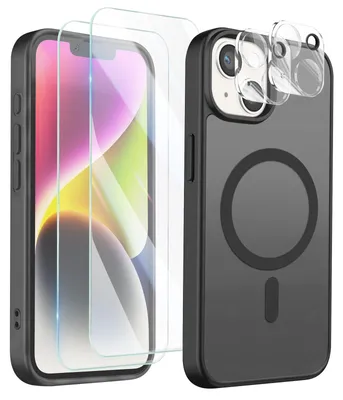 Obrázok produktu pre Avizar, ochranné puzdro MagSafe pre iPhone 14, vrátane 2 tvrdených sklenených ochranných fólií a 2 ochranných fólií na fotoaparát, čierna farba