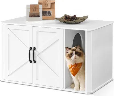 Produktbild von Feandrea Katzentoilette, Katzenklo-Schrank modern, Vordereingang, mit Doppeltür und Griffen wolkenweiß