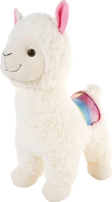 A white plush llama toy with pink ears and a rainbow-colored saddle.