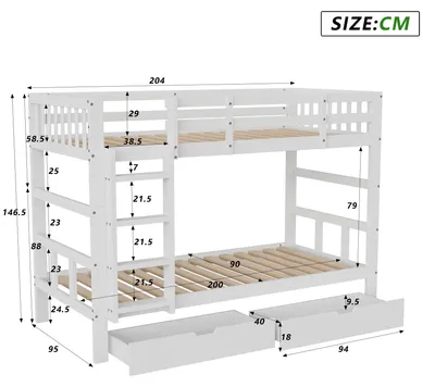 Obrázek produktu pro Dětská patrová postel – 90 x 200 cm – se zásuvkami – schody – ochrana proti vypadnutí – masivní dřevo