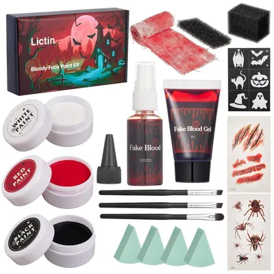 Produktbild von Halloween Schminke Set mit Kunstblut, Face Paint, Schwämmen und Pinseln für Zombies & Vampire, 18 Stück