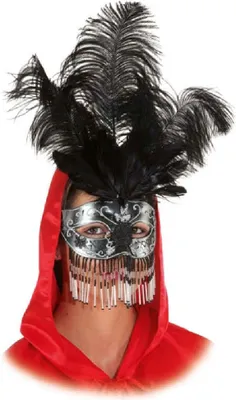 Produktbild von O46060 schwarz-silber Federn schwarz Perlenbehang Damen Herren Venezianische-Barock-Rokoko Maske Halbmaske