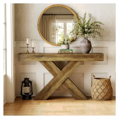 Produktbild von Schmaler Konsolentisch, 140 cm großer Landhaus-Eingangstisch, X-förmiger Couchtisch hinter dem Sofa für Wohnzimmer, Eingangsbereich, Foyer, Flur, rustikalbraun
