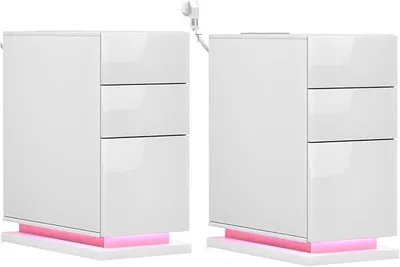 Image de Table de chevet avec éclairage LED, table d'appoint multifonctionnelle avec station de charge, 2 prises de courant secteur et 2 ports USB, table de chevet avec 3 tiroirs