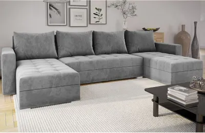 Produktbild von Easy4You Ecksofa FORSET Velours U-Form Grau – 301x80x145 cm - Schlafsofa mit Schlaffunktion und Bettkasten - Eckcouch - Kissen –  Stoff Manila 16