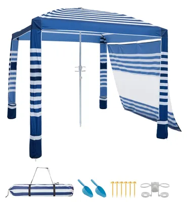 Image de Cabane de plage SucceBuy, 2,4 x 2,4 m, protection solaire avec parois latérales, indice de protection UPF 50+, toitement avec sacs de sable, parasol portable et réglable en hauteur pour toute la famille, rayures bleu marine