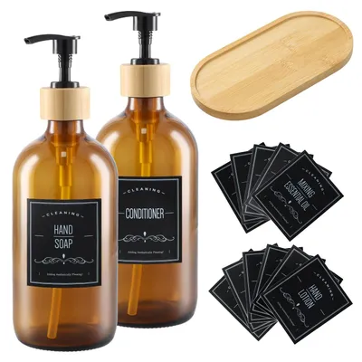 Image de Ensemble de 2 distributeurs de savon en verre marron avec un plateau en bois