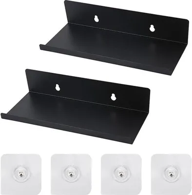 Produktbild von Schwarzes Metallregal 10 x 20 x 4 cm 2 Stück Selbstklebend Flachregal für Badezimmer und Küche bis 10 kg Lastfähigkeit