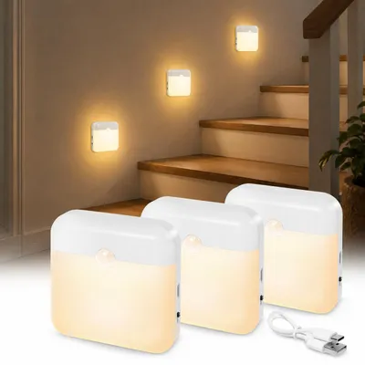 Produktbild von 3er Set LED Nachtlicht mit Bewegungsmelder Wiederaufladbar Schranklicht für Schlafzimmer Treppe Flur, Warmweiß