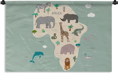 Produktbild von MuchoWow® Wandteppich Wandbehang Weltkarte Kinder - Tiere - Afrika - Jungen - Blau - Kinder 150x100 cm Tapisserie Dekoration Wandtuch - Waschbar - Tapisserien - Wand-Decke