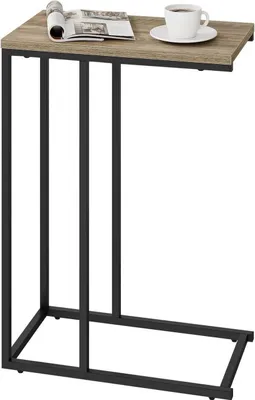 Image de Table d'appoint en forme de C, avec structure métallique et plateau en MDF, imitation bois gris. Dimensions : 45 x 25 x 63,5 cm