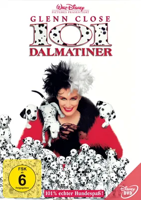 The cover art for the 1996 live-action movie '101 Dalmatians', featuring Glenn Close as Cruella de Vil surrounded by puppies.