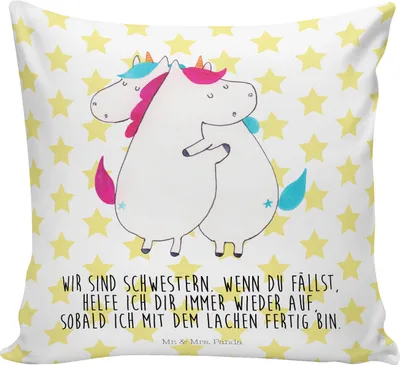 Produktbild von Mr. & Mrs. Panda Kopfkissen 40x40 Einhörner Umarmen - Weiß - Geschenk, Einhorn, kissen bedruckt, Liebe, BFF, Polster, Sofa, Geschwister, Dekokissen, Familie, Kuschel