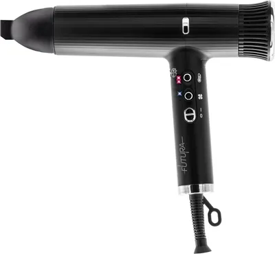 A black hairdryer is shown against a white background.