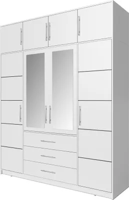 Produktbild von BETTSO Drehtürenschrank Kleiderschrank mit 4 Türen und 3 Schubladen Spiegel mit Silberne Griffe Bali D4 Garderobenerweiterung Weiß
