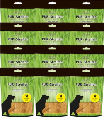 Produktbild von 12x100g Schecker PUR Streifen Hühnchen - Kausnack für Hunde von einer Tierart - getreidefrei