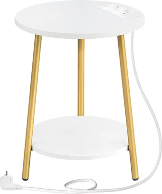 Produktbild von Beistelltisch mit Ladestation, runder Couchtisch mit 2 Ebenen, Wohnzimmertisch, Nachttisch für kleine Räume, Sofatisch für Wohnzimmer, Schlafzimmer