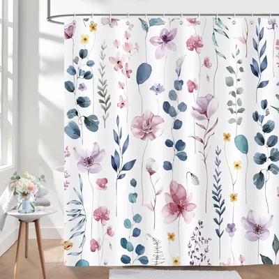 Produktbild von Duschvorhang mit floralem Aquarellmuster, 180 x 180 cm, wasserdicht, schimmelresistentes Polyester, mit 12 Haken