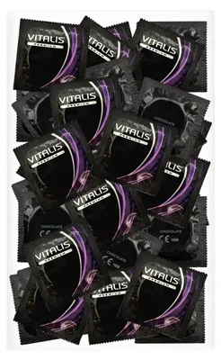 Produktbild von VITALIS 100 Kondome Pack mit SchokoladenAroma | Nennbreite 53 mm | Gefühlsechte farbige Kondome | 100 Premium aromatisiert SchokoladenDuft | Hauchzarte Kondome Für Männer