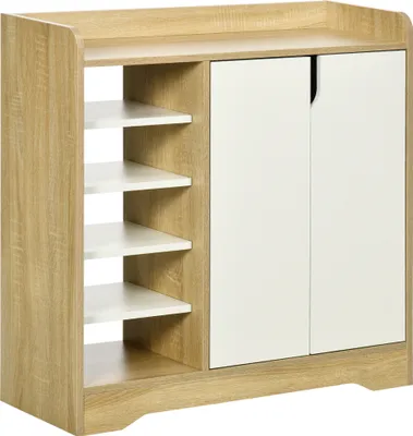A wooden and white shoe cabinet with open shelves on one side and two cabinet doors on the other.