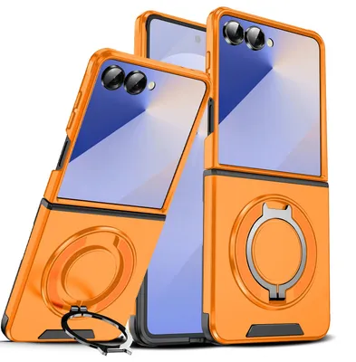 Produktbild von Handyhülle für Samsung Galaxy Z Flip7 Dual-Layer Stoßfest Militär Hülle mit Magnetisch Ring Ständer Orange