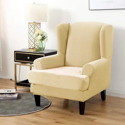 Obrázek produktu pro Velvet Wing Chair Covers 2 Piece Chair Covers Slipcover Elastický kryt křesla Sofa Cover Stretch Protective Cover Kryt křesla pro Wing Chair, béžový