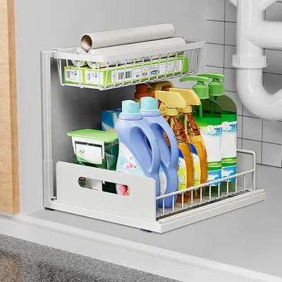 Image de Organisateur coulissant pour l'évier, avec 2 niveaux et ventouses, étagère de rangement pour la cuisine, la salle de bain et les placards, blanc