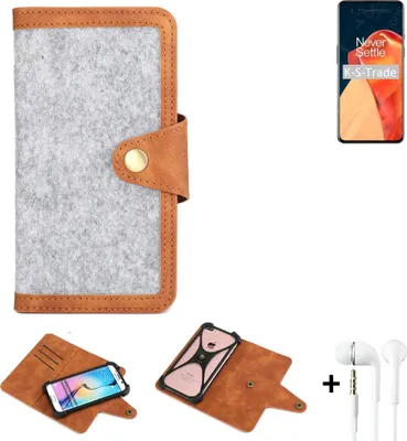Produktbild von K-S-Trade Handyhülle + Kopfhörer kompatibel mit OnePlus 9 Schutzhülle Filz Hülle Kunstleder hellgrau braun (1x)