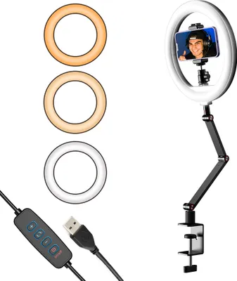 Produktbild von APEXEL Desktop 10 Zoll LED-Ringlicht USB-Videolicht Fotografie Fuelllicht 2700K-5500K 10-stufige Helligkeit mit faltbarem Clip-on-Lichtstaender Telefonhalter Kugelkopf fuer Live-Streaming Make-up-Videokonferenz Produktfotografie