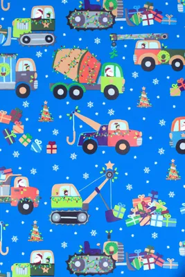 Produktbild von Geschenkpapier Baufahrzeuge 70cm x 2m Rolle Blau / Bunt