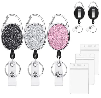 Image de Porte-clés télescopique avec porte-carte d'identité, lot de 3 porte-clés télescopiques avec porte-carte d'identité, porte-clés télescopique orné de strass scintillants, pour les enseignants, les médecins et les infirmières