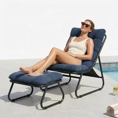 Produktbild von LVHOM Relaxsessel mit Hocker, Loungesessel Cordstoff für Wohnzimmer & Wintergarten, Moderner Lesesessel mit Metallgestell, Armlos, Blau