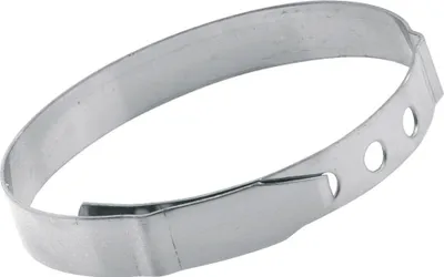 A silver metal ring, likely a kitchen tool, shown against a white background.