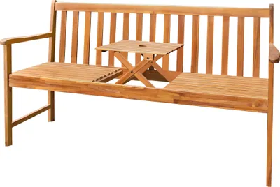A wooden garden bench with an integrated folding table.