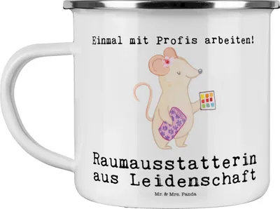 Produktbild von Mr. & Mrs. Panda Teetasse Raumausstatterin Leidenschaft - Weiß - Geschenk, Kaffeepott, Teebecher, Emaille Tasse, Pott, metallbecher