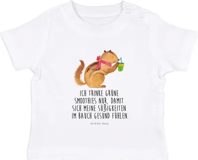 Produktbild von Mr. & Mrs. Panda Babyshirt Eichhörnchen Smoothie 6. - 12. Monat - Weiß - Geschenk, Abnehmen, Baumwolle Baby Shirt, Organic T-Shirt, Lustige Sprüche, Streifenhörnchen,