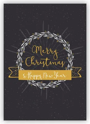 Produktbild von 4x Edle englische Weihnachtskarte mit Kranz und Ornamenten auch zu Silvester: Merry Christmas & Happy new year