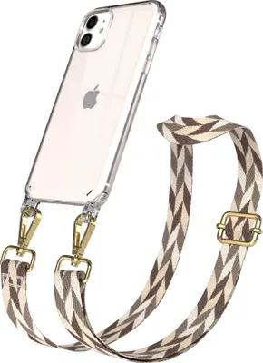 Produktbild von EAZY CASE Handykette - Verstellbarer Trageriemen kompatibel mit Apple iPhone 11, Handykordel mit transparenter Silikon-Hülle, Karabiner Gold, Mix Style, Band in Braun