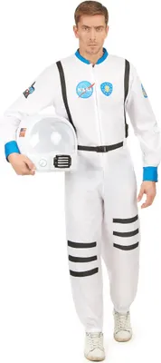 A man wearing an astronaut costume, holding a helmet.