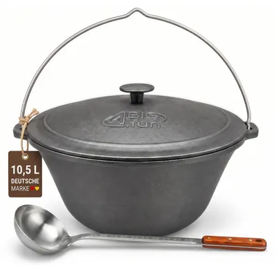 Produktbild von Kazan 10,5L aus Gusseisen mit Gusseisendeckel und Schöpflöffel - Schwenktopf Campingtopf Kessel mit Bügel für alle Herdarten Ofen offenes Feuer