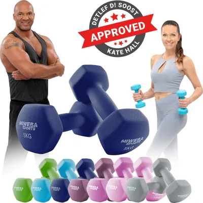 Produktbild von Miweba Sports Profi Neopren Hantel NKH100 | Hantelset - Kurzhanteln - Hexagon - Home Workout - Krafttraining - Anti Rutsch (Königsblau 2x 5,0 Kg)
