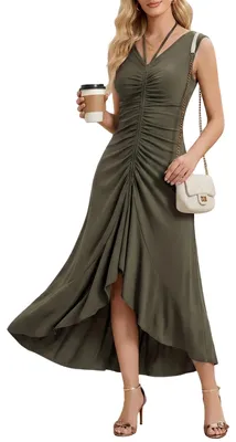 Imagen del producto de Vestido largo sin mangas, de corte elegante con escote en V, en color verde oliva