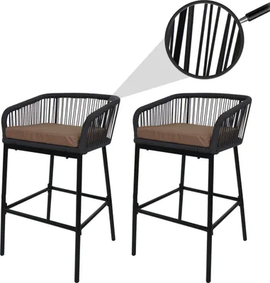 Produktbild von 2er-Set Rope-Barhocker HWC-O22, Tresenhocker, Outdoor Sitzpolster Seilgeflecht Metall anthrazit, Kissen taupe