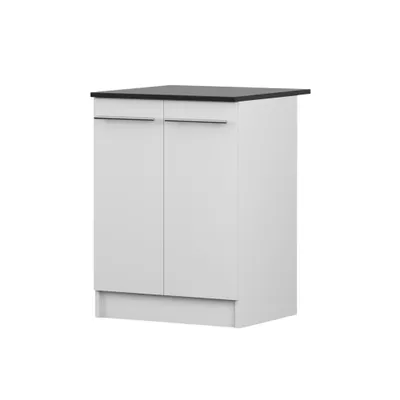 Image de Meuble bas INEZ III, cuisine, meuble de cuisine à deux portes de 60 cm, blanc/noir, avec deux portes battantes et des poignées métalliques argentées