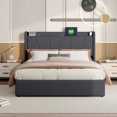 Image de Fortuna Lai Lit rembourré 160x200cm avec USB, lit double pour adolescents avec sommier à lattes et espace de rangement, lit de rangement, lin, gris