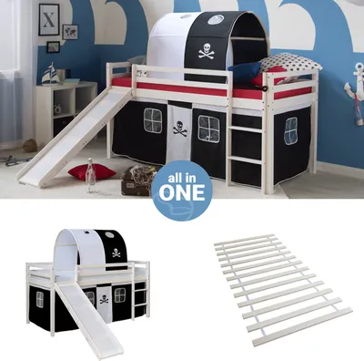 Produktbild von Homestyle4u Hochbett 90x200 mit Rutsche Lattenrost Vorhang Tunnel schwarz Kinderbett Weiß Holz Kiefer Massiv Jugendbett